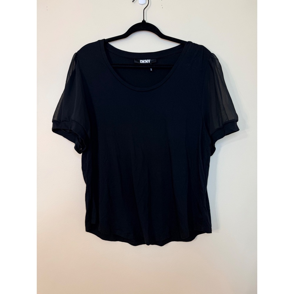 DKNY Womens Black Sheer Mesh Puff Short Sleeve Scoop Neck Top XL